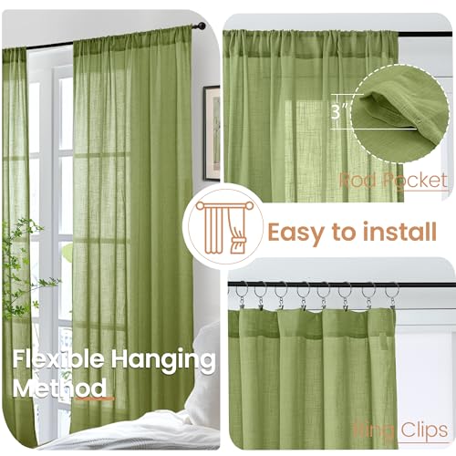 Olive Green Linen Curtains for Living Room 84 Inch Length (Green / 52"W x 84"L (Pack of 2))