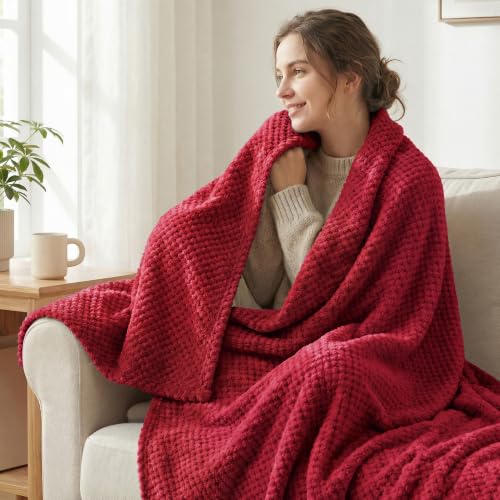 Soft Waffle Fleece Bed Blanket Queen Size (Deep Red / 90x90 in)