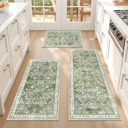 2x3+2x4+2x5Ft Washable Kitchen Rug Set of 3 Non Slip (Green / 2' x 3'+2' x 4'+2' x 5')