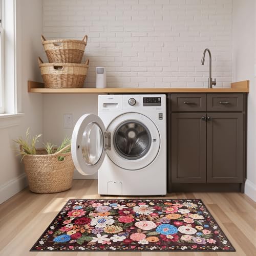 Black Brown Floral Hallway Runner Rug 2x4 for Bedroom Kitchen (Espresso / 2' x 4' (Rectangular))