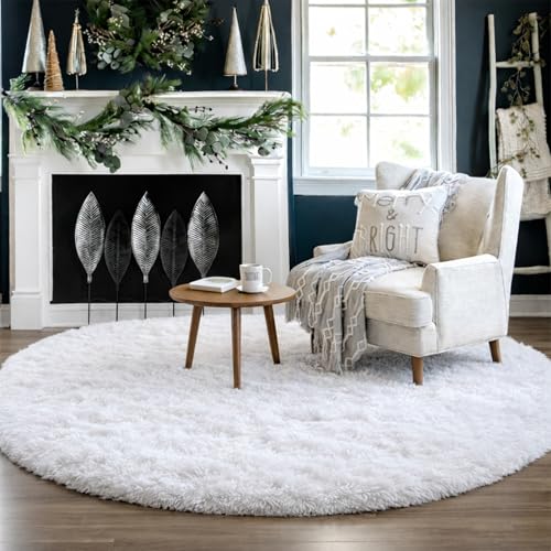 White Fuzzy Round Area Rug 5Ft for Bedroom Living Room Nursery (White / 5' (Round))
