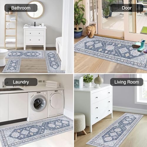 HEBE Boho Kitchen Rugs Set of 3 (Ash Blue / 20"x32"+20"x48"+20"x59")