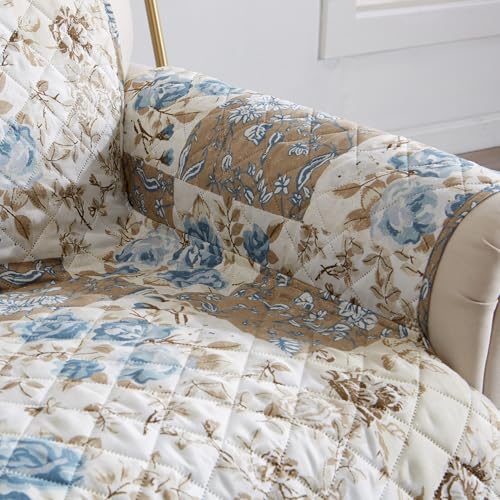 Reversible Floral Patchwork Recliner Furniture Protector (Recliner / Taupe / Blue)