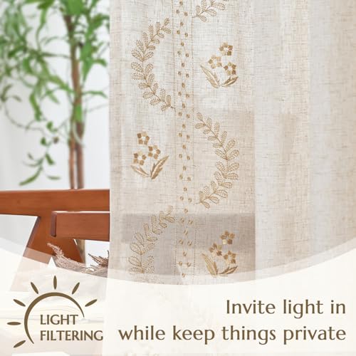 Floral Lined Linen Curtains 84 Inch Farmhouse Back Tab 2 Panels (Beige / 50"W x 84"L (Pack of 2))