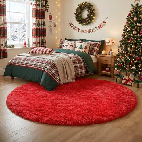 Red Fluffy Plush Large Round Area Rug 7Ft for Living Room Bedroom (Red / 7' (Round))