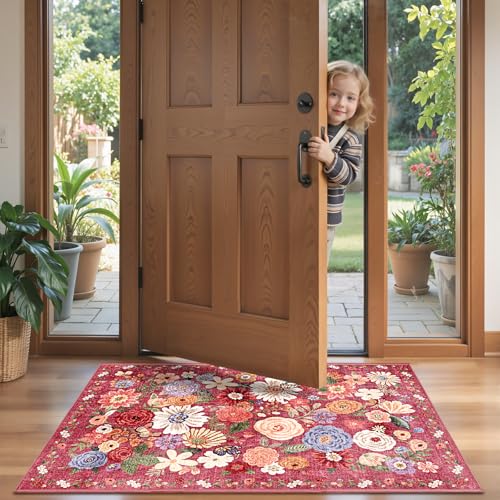 Red Floral Hallway Runner Rug 2x5 for Bedroom Kitchen (Red / 2' x 5' (Rectangular))