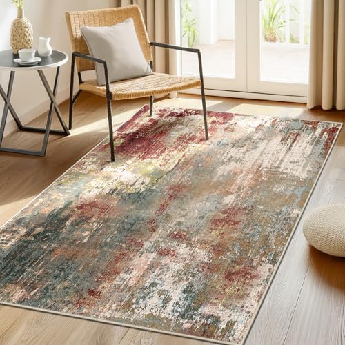 Washable 3'x5' Abstract Area Rug for Living Room Rustic Brown (Rust Red/Green/Blue/Multi / 3' x 5' (Rectangular))