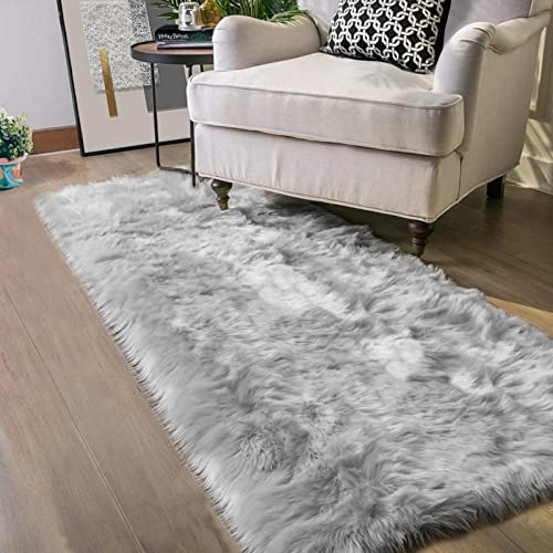 Grey Fluffy Rugs for Bedroom Rug Runner 2x5 Faux Sheepskin Fur Furry Rug for Living Room Home Décor Sofa Cushion (2' x 5' (Runner) / Grey)