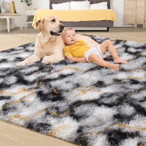 Soft Fluffy Rugs for Bedroom (White Black Gold / 4' X 6' (Rectangular))