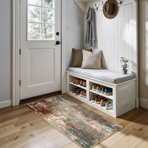 Washable 2'x5' Abstract Area Rug for Living Room Rustic Brown (Rust Red/Green/Blue/Multi / 2' x 5' (Rectangular))
