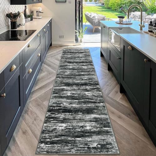Modern Abstract Hallway Runner (Black White Grey Green / 2' x 10' (Runner))