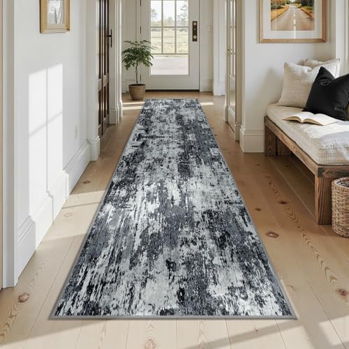 Washable Runner 2'6"x12' Abstract Area Rug for Hallway Black White (Black/Navy Blue/Gray / 2'6" x 12' (Runner))