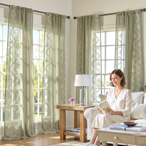 Floral Sheer Curtains (S | Green / 50"W x 63"L (Pack of 2))