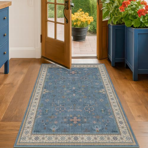 Washable 3x6 Throw Rug for Large Kitchen (3' x 6' (Rectangular) / Dusty Blue)