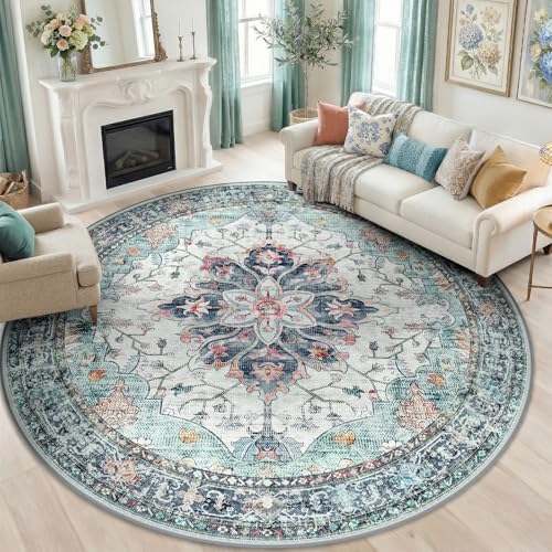 Washable Area Rug (Teal Green/White/Navy / 8' (Round))