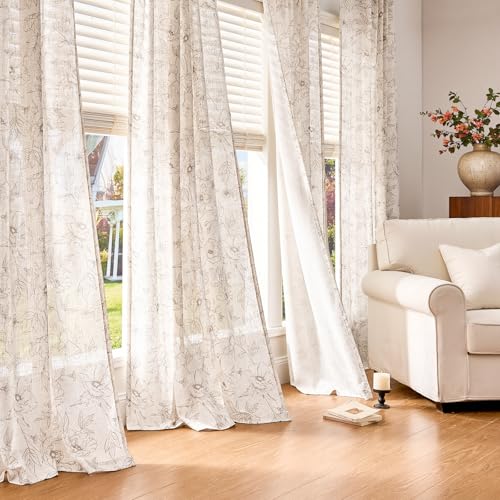 Linen Floral Curtains for Living Room 84 Inch Length Taupe Flower Curtain Rod Pocket Back Tab Farmhouse Curtains with Printed Floral Bedroom Window Curtain Set (Penny Taupe on Ecru / 50"W x 84"L (Pack of 2))