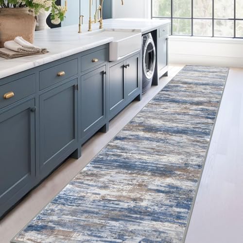 Modern Abstract Washable Rug Runner 2.6x14 Hallway Rug Runner Non (Blue Rust White / 2'8" x 14' (Runner))