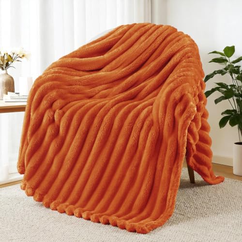 Striped Fleece Throw Blanket for Couch (Burnt Orange / Throw ( 50x60 IN ))