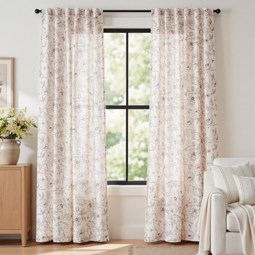 Floral Linen Curtains for Living Room 84 Inch Length Brown Flower Curtain Rod Pocket Back Tab Farmhouse Curtains with Printed Floral Bedroom Window Curtain Set (Penny Brown on Ecru / 50"W x 84"L (Pack of 2))