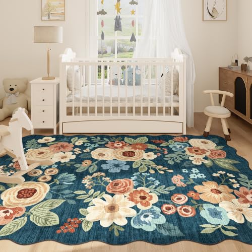 5x7 Area Rugs for Bedroom Floral Washable Rug Non Slip Prussian Blue (Prussian Blue (Big) / 5' x 7' (Rectangular))
