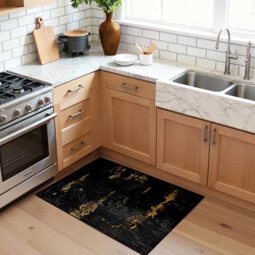 Washable 2'x3' Abstract Area Rug for Living Room Black Gold (Black/Gold / 2' x 3' (Rectangular))