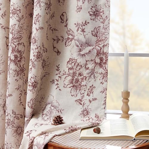 Floral Linen Blackout Curtains for Bedroom 96 Inches Long (Red / 50"W x 96"L (Pack of 2))