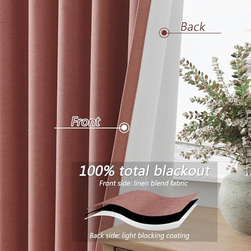 Dusty Rose 100% Blackout Linen Curtains 108 Inch Length 2 Panels Set for Girls Bedroom Back Tab Thermal Insulated Black Out Drapes Room Darkening Farmhouse Style for Bedroom Window Curtains 52x108 (Dusty Rose / 52"W x 108"L (Pack of 2))