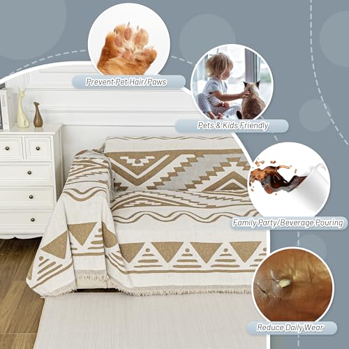Boho Couch Cover for Dogs Washable Khaki Rhombic Couch Sofa Protector for Loveseat Sofa with Pets Friendly Chenille Geometric Sofa Covers Soft Durable Farmhouse Sofa Slipcovers (71" x 102" / 2# Bohemia Khaki)