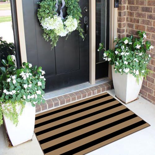 Front Door Mat Indoor Outside Entrance 2x3 Black Tan Striped Rug (Striped - Black / Tan / 2' x 3' (Rectangular))