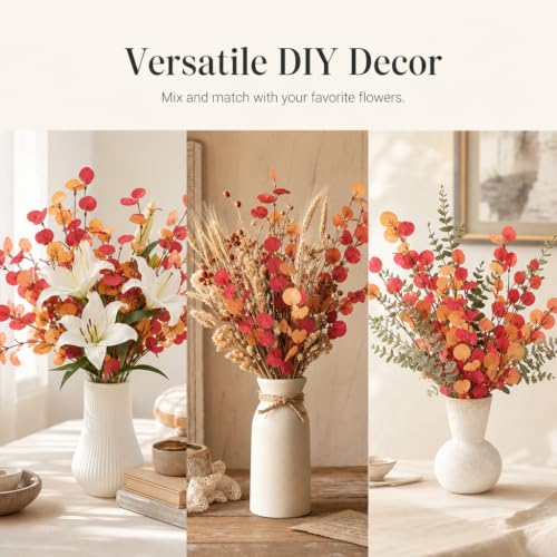 6pcs Eucalyptus Stems Fake Orange Red Autumn Leaves Artificial Silk Flowers Fall Decor Bouquet Faux Branches Centerpiece Flores Plants for Home Party Decor Wedding Decoration (6pcs-orange)
