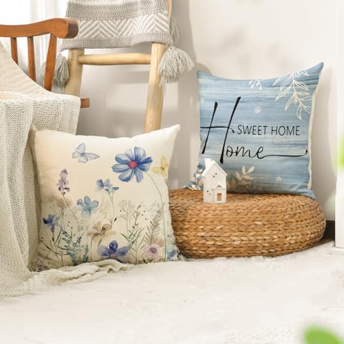 Spring Saying Flowers Butterfly Bird Throw Pillow Covers (Blue / 16" x 16" (Pack of 4))