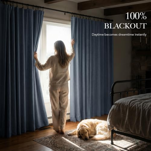 Dusty Blue 100% Blackout Linen Curtains 102 Inch Long for Loft (Dusty Blue / 52"W x 102"L (Pack of 2))