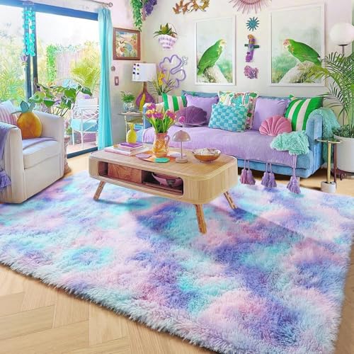 Purple Rainbow Mermaid Furry Kids Area Rug 5x8 for Girls Bedroom (Blue Purple Rainbow / 5' x 8' (Rectangular))