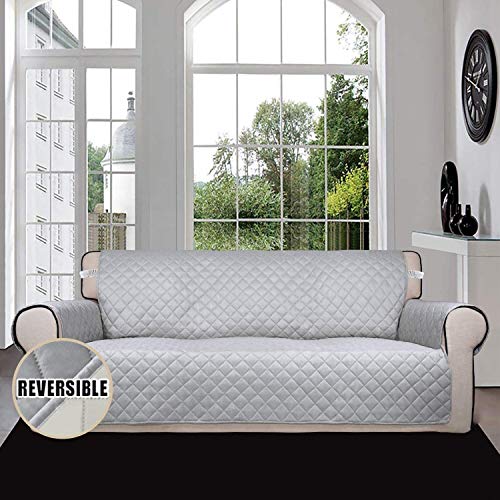 4 Seater Sofa Slipcover Reversible Sofa Cover Water Resistant Couch Cover with Foam Sticks Elastic Straps Furniture Protector for Pets Children Dog Cat (Light Gray/Ivory / XX-Large Sofa)