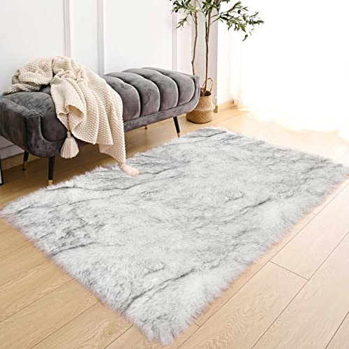 White and Grey Faux Fur Rug 3x5 Area Washable Fluffy Rugs for Bedroom Living Room Rugs for Sofa Cushion Pet Mats Luxury Home Decor (3' x 5' (Rectangular) / White With Grey Tips)