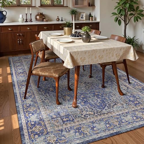 Washable Area Rug 3' x 5 ' Vintage Traditional Persian Mat (Indigo and Gold / 3' x 5' (Rectangular))
