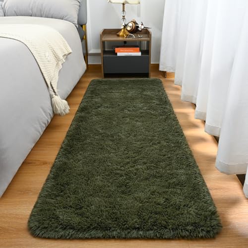 Fluffy Runner Rug for Bedroom Living Room (2' x 6' / Olive Green)