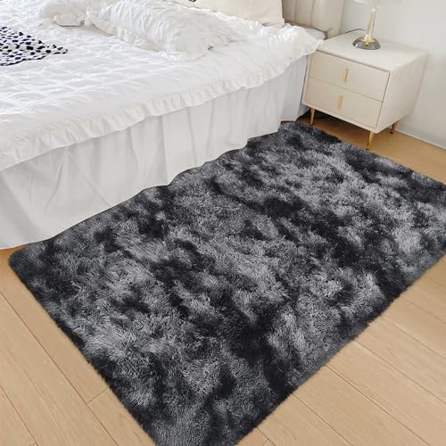 Small Tie Dyed Area Rug for Bedroom 3x5 Mini Black Grey Fluffy Rug Mat Bedside Throw Rug for Kids Room Boys Teens Nursery Baby Dorm Living Room Home Decor Aesthetic Carpets (Tie-dyed Black Grey / 3' x 5' (Rectangular))