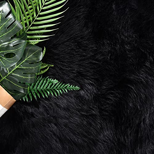 Black Rug for Living Room Faux Fur 5x6.7 Fluffy Rug Washable Sheepskin Rugs for Bedroom Bedside Dorm Luxury Home Décor (5' x 6'7" (Rectangular) / Black)