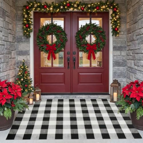 Fall Decor Buffalo Plaid Rug 4' x 6' Black and White Large Front Door Mat (Black and White Plaid / 4' x 6' (Rectangular))