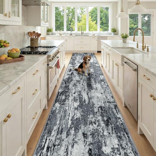 Washable Runner 3'x12' Abstract Area Rug for Hallway Black White (Black/Navy Blue/Gray / 3' x 12' (Runner))
