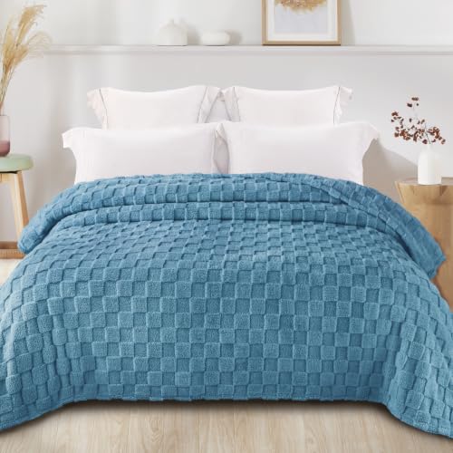 3D Checkered Fleece Queen Blanket for Bed (Slate Blue / Queen (90"x90"))
