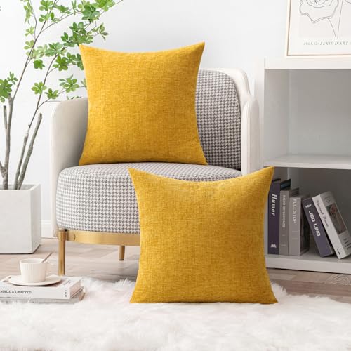 Soft Chenille Throw Pillow Covers Mustard Yellow 18x18 Pack of 2 (18" x 18" (Pack of 2) / Mustard Yellow)