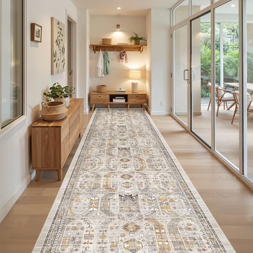 Hallway Runner Rug 3x14 Washable Kitchen Runners Long (Brown/Gold / 3' x 14' (Runner))