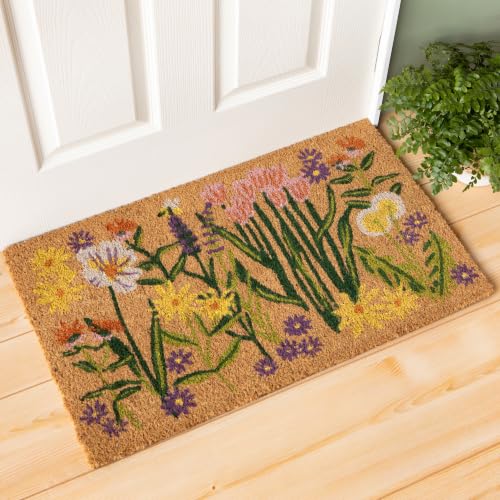 Bees & Blooms Natural Coconut Fiber Printed Doormat Vinyl Backed (Bees & Blooms / 1'6" x 2'6" (Rectangular))