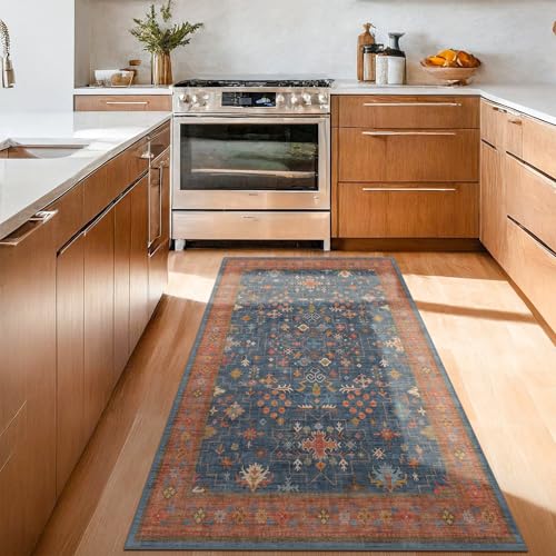 Washable 4x6 Small Rug for Living Room (4' x 6' (Rectangular) / Blue / Terracotta)