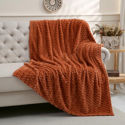 Burnt Orange Throw Blanket 50"×60" Fuzzy 3D Jacquard Decorative (Burnt Orange / 50"×60”)