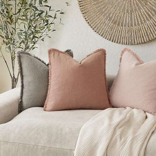 Decorative Linen Fringe Throw Pillow Covers 22×22 Coral Pink (22" x 22" (Pack of 2) / Coral Pink)