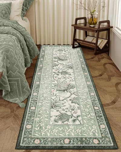 Sage Green 2x6 Washable Kitchen Runner Rugs Non Slip Provence Vintage Boho Cottage Long Rug for Hallways Bedroom Entryway Bathroom Mat with Rubber Back (Sage Grove / 2' x 6' (Runner))