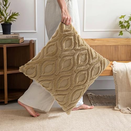 Faux Fur Light Brown Khaki Throw Pillow Covers 22x22 Set of 2 (22" x 22" (Pack of 2) / Light Brown Khaki)